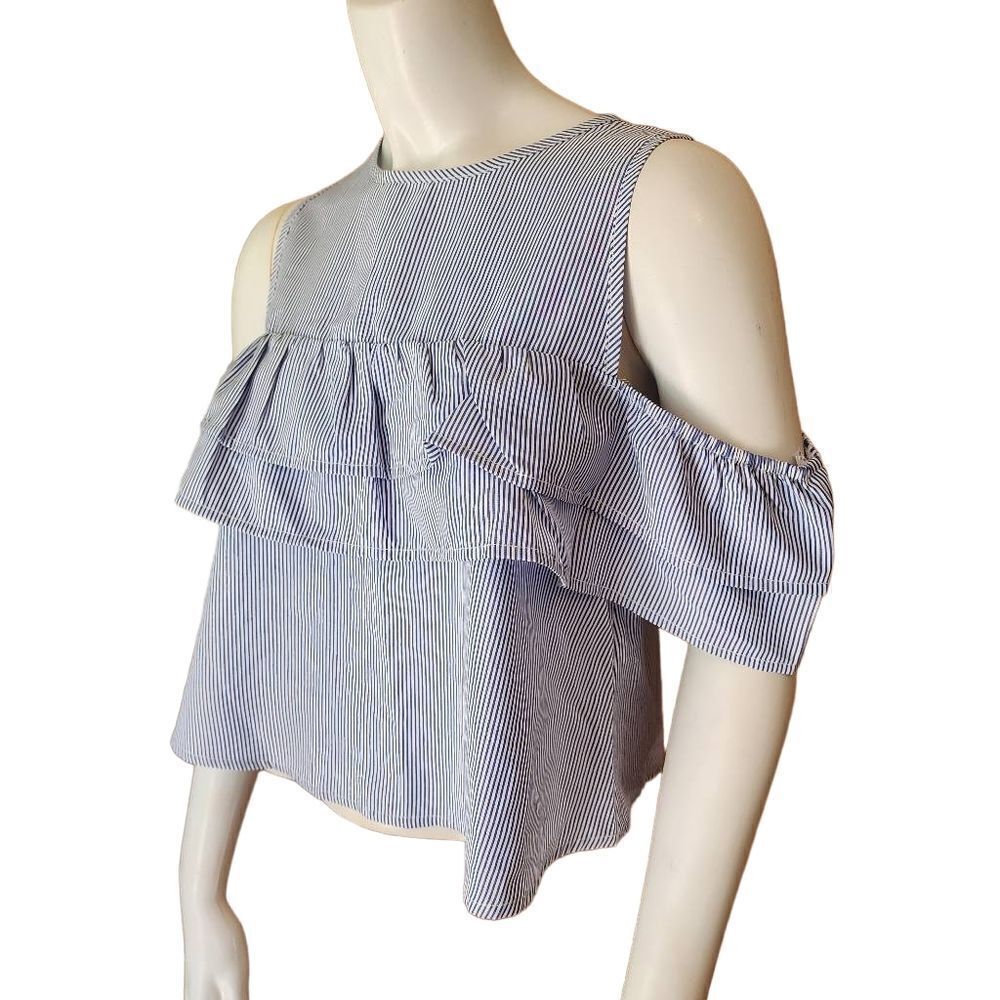 Papaya Blue & White Striped Cold Shoulder Ruffle Top (S)